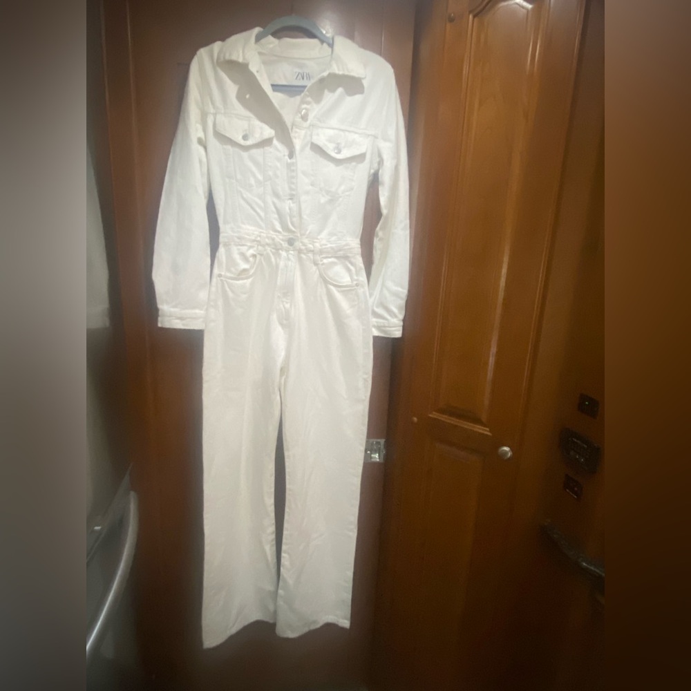 NWT Zara Winter White Denim Jumpsuit Medium